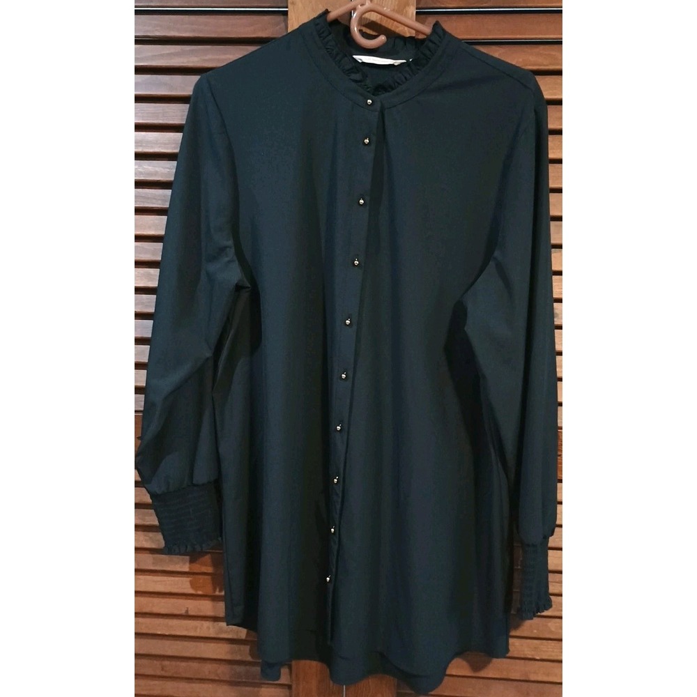 Soft Surroundings Blouse Peasant Top Black Shirred Gold Button Tunic Size Xlarge